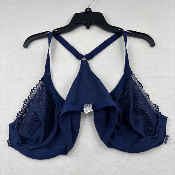 Glamorise Bra Size 38F Navy Blue Wonder Wire Front Close T-Back Lace Underwire - Picture 6 of 7